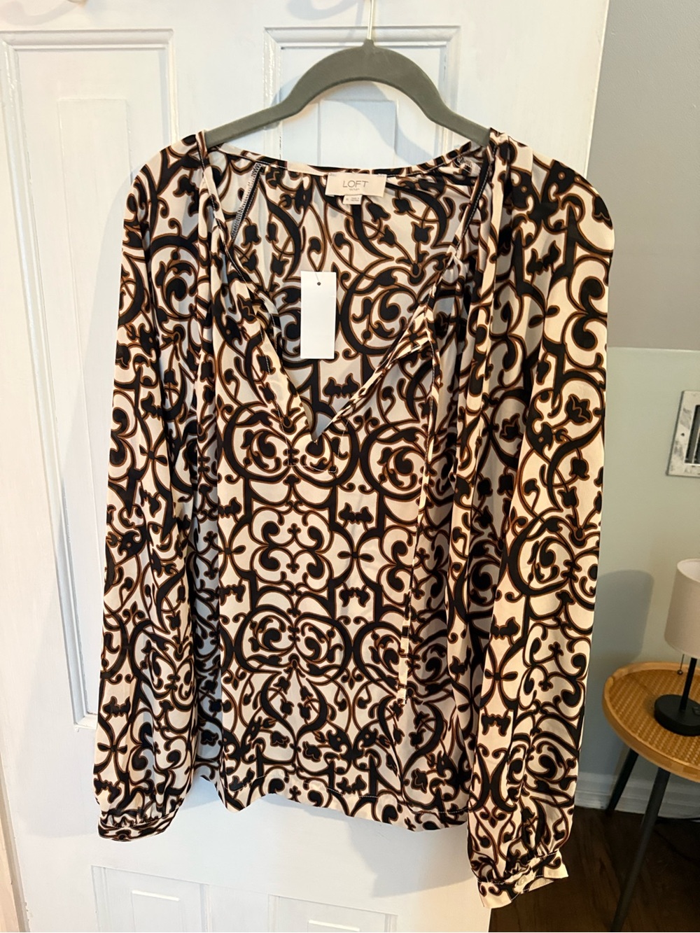 LOFT Cream and Black Printed V-Neck Long Sleeve Blouse